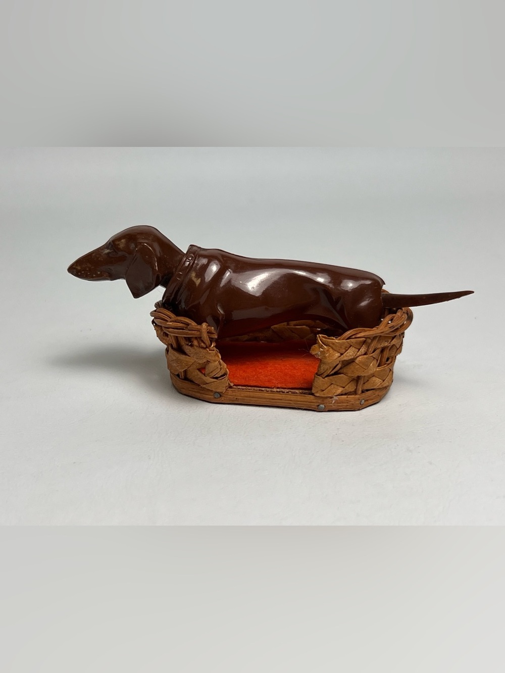 German Celluloid Dachshund Weiner Dog Nodder SA Reader Co VTG Bobblehead Basket